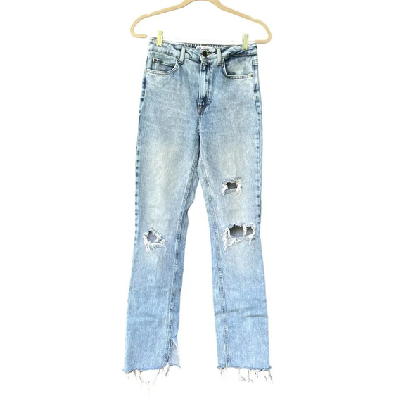 ZARA Womens Hi-Waist Split Hem Raw Hem Ripped Straight Leg Light Wash Jeans 4 - Picture 2 of 16